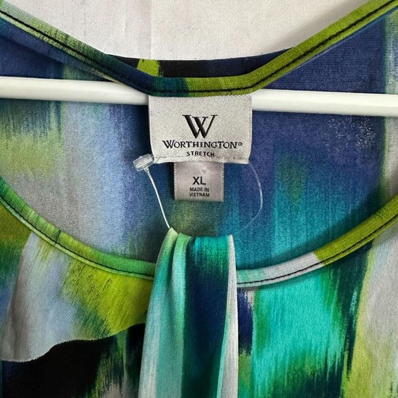 Worthington Blue & Green 3/4 Sleeve Multicolor Blouse With Belt, XL, Pre-owned - Picture 4 of 5